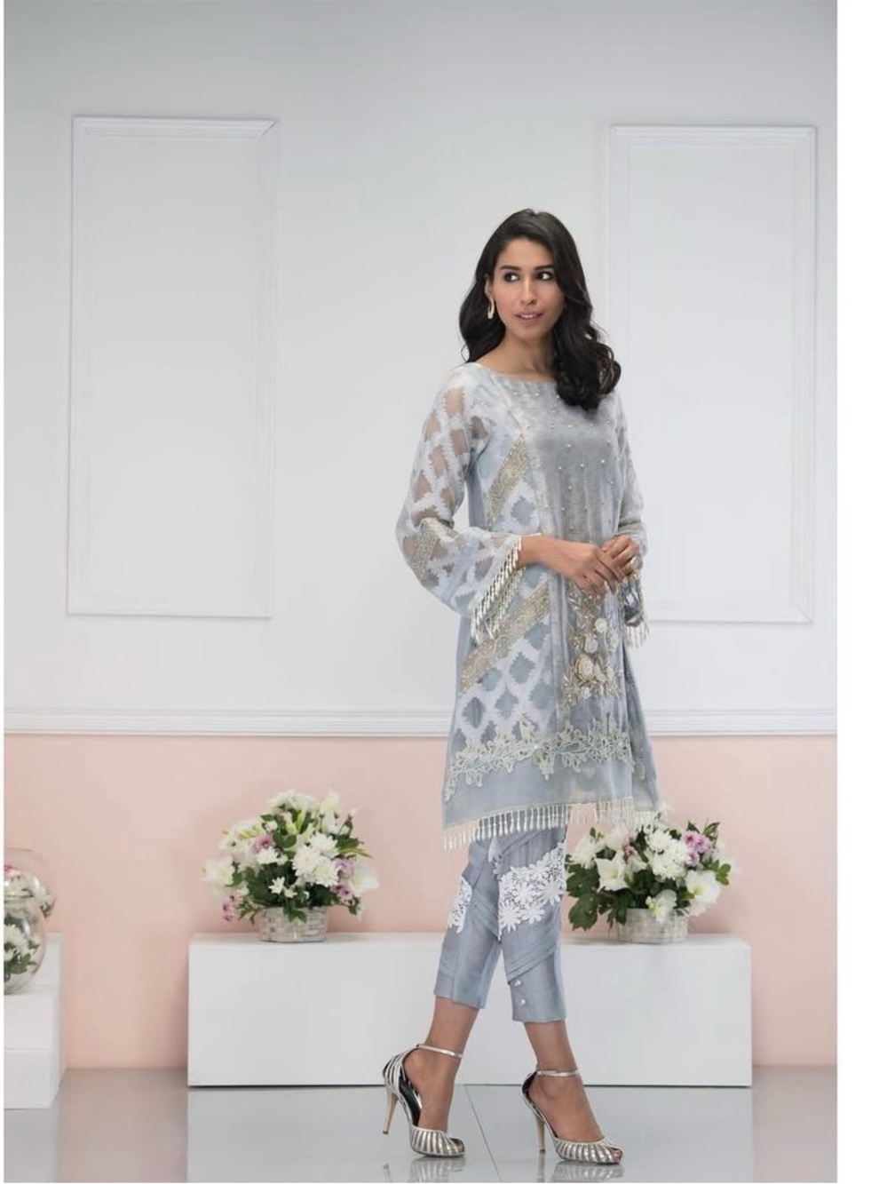 Fatima khan Light gray Embroidered Tunic with pant and dupatta